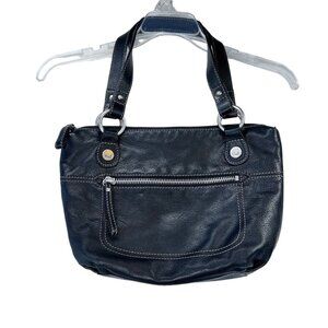 Vtg Fossil Black Leather Shoulder Handbag Purse Front Zipper Pocket Dual Handles